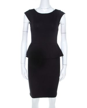 Alice + Olivia Black Stretch Knit Victoria Peplum Dress S
