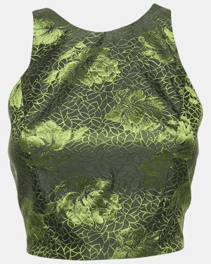 Alice + Olivia Black/Green Rose Jacquard Crop Top S