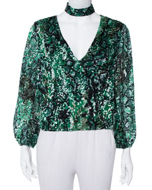 Alice + Olivia Green Animal Printed Devore Faux Wrap Choker Detail Top L