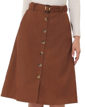 Allegra K Women's High Waist Midi Skirts A-Line Button Front Belted 8