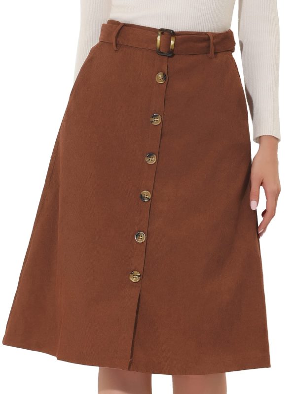 Allegra K Women's High Waist Midi Skirts A-Line Button Front Belted 8