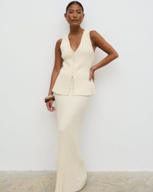 Alma Pleated Knit Maxi Skirt - Cream, L