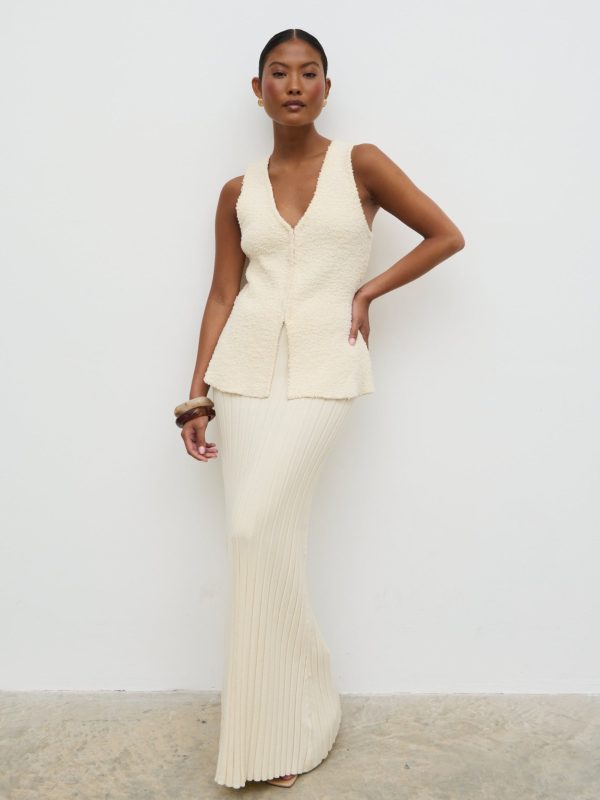 Alma Pleated Knit Maxi Skirt - Cream, L