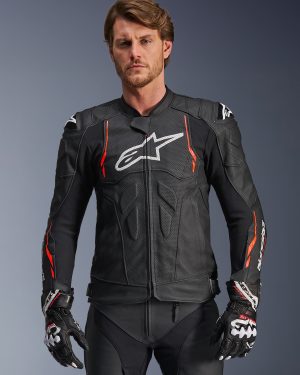 Alpinestars Dusk Airflow Leather Jacket Black Red Fluo, Size: 58