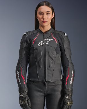 Alpinestars Woman Stella Dusk Leather Jacket Black Diva Pink White, Size: 46