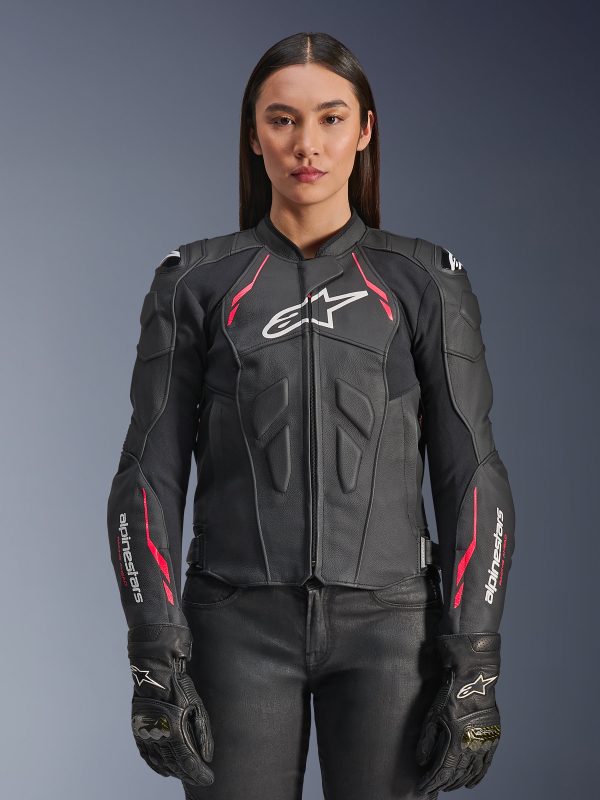 Alpinestars Woman Stella Dusk Leather Jacket Black Diva Pink White, Size: 46