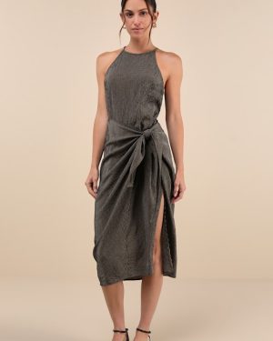 Amalfi Muse Black Striped Cutout Faux Wrap Midi Dress