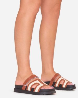 Amaya Gladiator Strap Flat Slider Sandal In Tan Brown Faux Leather, Women's Size UK 5