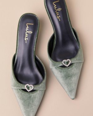 Ambersen Sage Velvet Pointed-Toe Kitten Heel Pumps