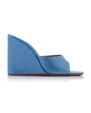 Amina Muaddi - Lupita Crystal-Embellished Satin Wedge Sandals - Blue - IT 40 - Moda Operandi