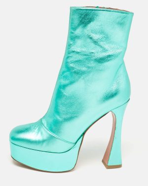 Amina Muaddi Metallic Green Leather Platform Ankle Boots Size 39