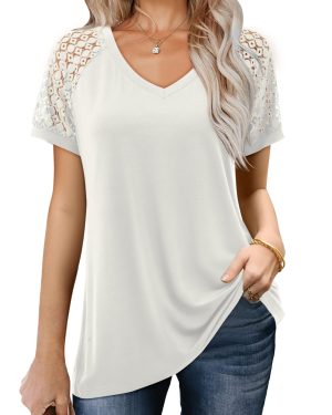 Amoretu Ladies Top Summer Short Sleeve Lace Blouse Elegant V Neck 8 10