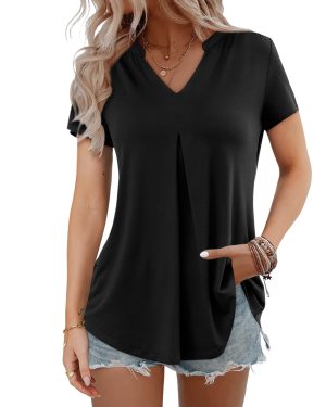 Amoretu Womens Tops V Neck Shirts Summer Blouse Pleated Black 8 10