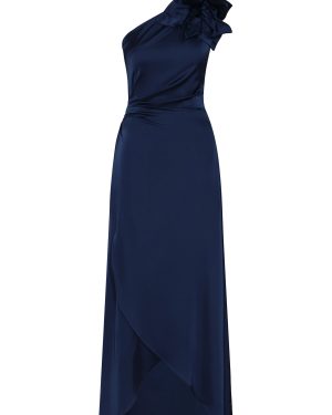 Andres Otalora - Nocturna Asymmetric Embellished Satin Maxi Dress - Navy - US 2 - Moda Operandi