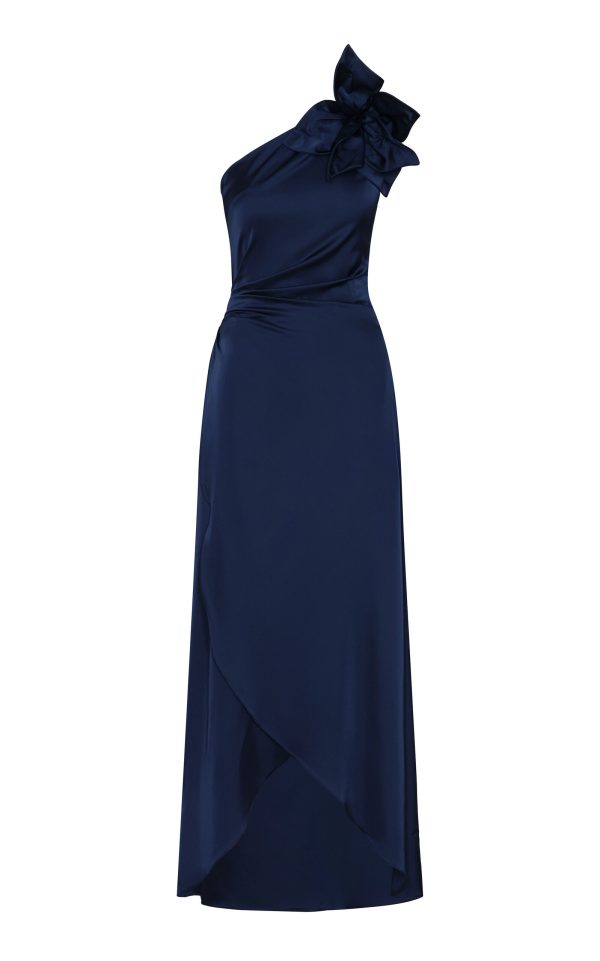 Andres Otalora - Nocturna Asymmetric Embellished Satin Maxi Dress - Navy - US 2 - Moda Operandi