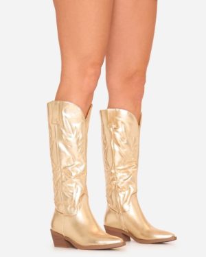 Anna Embroidered Detail Knee High Long Western Cowboy Boot In Gold Faux Leather, Women's Size UK 3