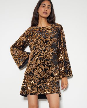 Anna Flute Sleeve Sequin Velvet Mini Dress Black