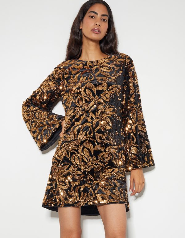 Anna Flute Sleeve Sequin Velvet Mini Dress Black