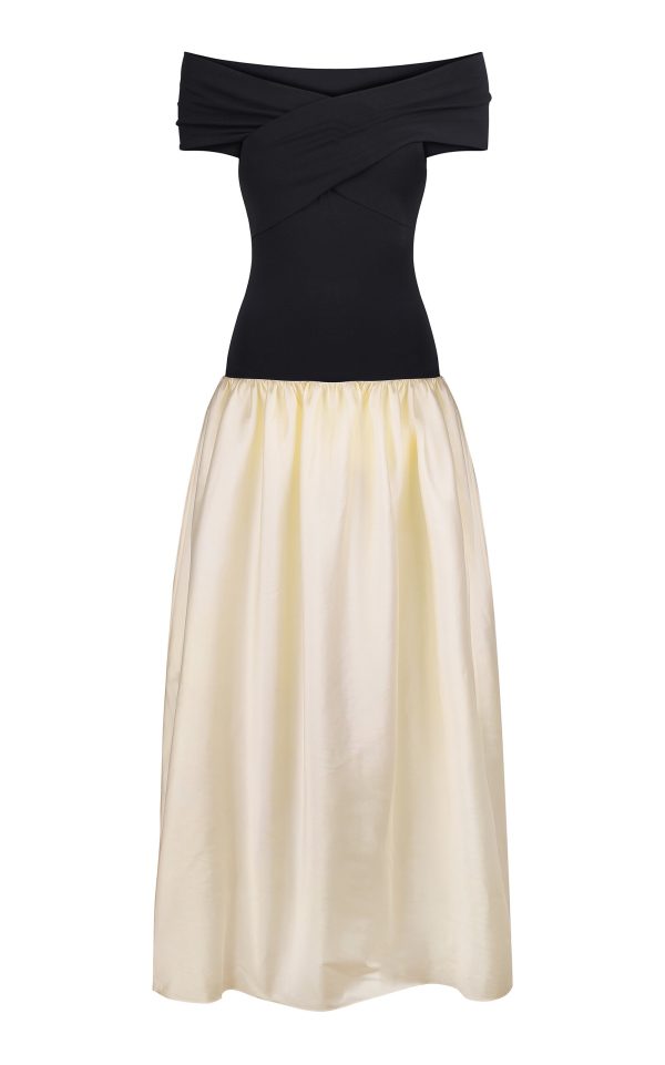Anna October - Lorraine Off-The-Shoulder Knit-Satin Combo Maxi Dress - Black/white - S - Moda Operandi
