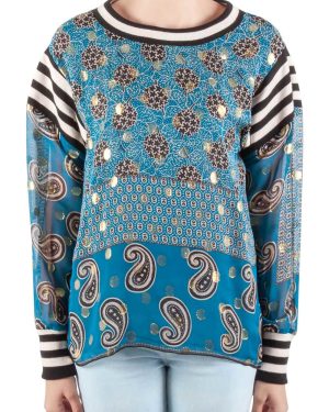 Anna Sui Teal Blue Bouquet Scarf Print Silk Ribbed Trim Tunic Top M