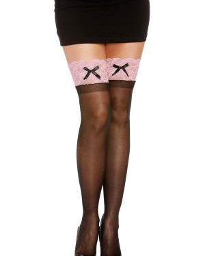 Anti-Slip Black with Pink Top and Bow Thigh High Stockings for Adults