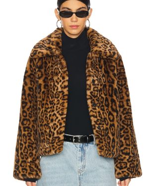 Apparis Elis Leopard Short Coat in Brown. Size S, XS.