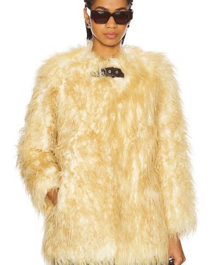 Apparis Petra Faux Mongolian Fur Short Coat in Neutral. Size L, S, XS.