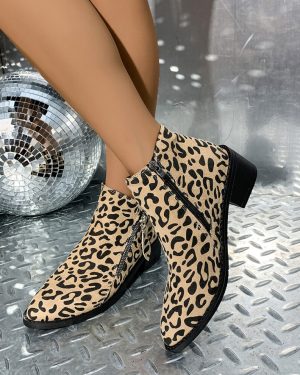 (Apricot, 37) Classy Leopard Patterned Suede Chelsea Boots With Nonslip Sole And Side Zipper For Women