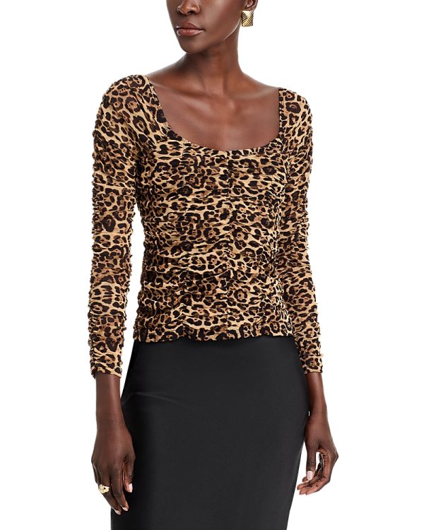 Aqua Animal Print Ruched Mesh Long Sleeve Top - Exclusive