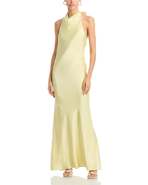 Aqua Charmeuse Halter Neck Long Dress - Exclusive