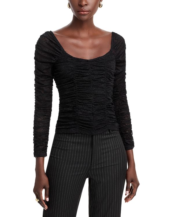 Aqua Mesh Lace Ruched Long Sleeve Top - Exclusive