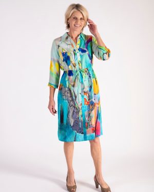 Aqua/Multi Abstract Chic Shirt Dress