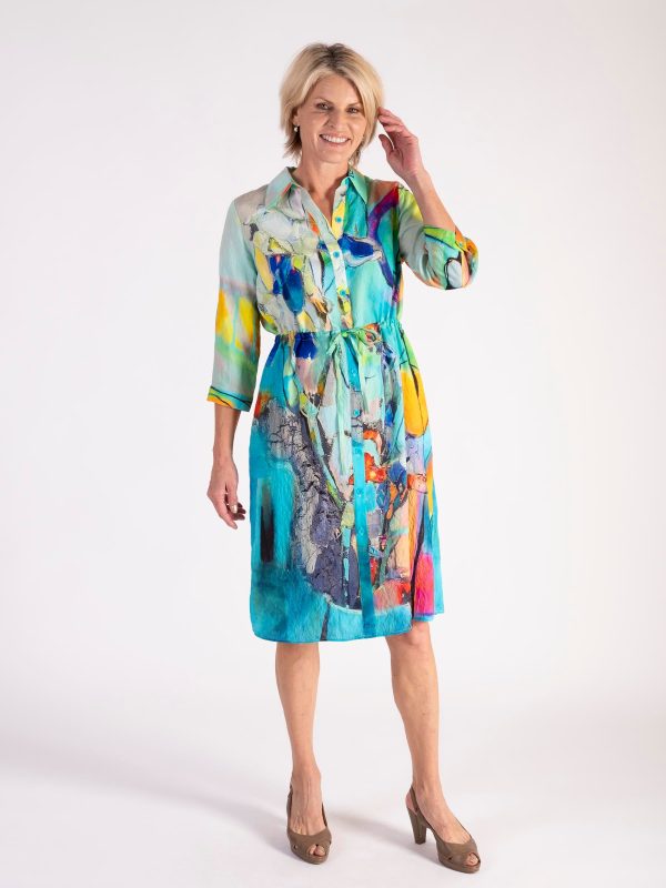 Aqua/Multi Abstract Chic Shirt Dress