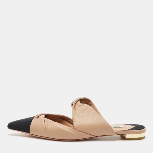 Aquazzura Beige/Black Leather and Fabric Twist Cap Toe Mules Size 35