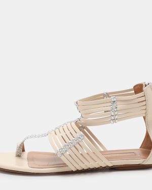 Aquazzura Beige/Silver Leather Ravello Gladiator Toe-Ring Flat Sandals Size 36.5