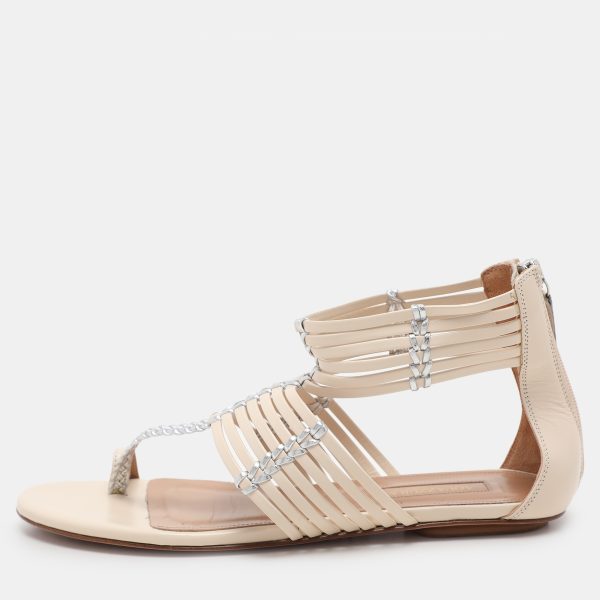 Aquazzura Beige/Silver Leather Ravello Gladiator Toe-Ring Flat Sandals Size 36.5
