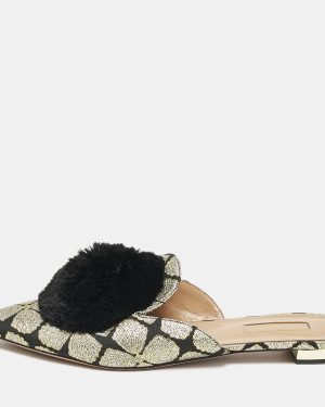 Aquazzura Black/Gold Floral Lurex Fabric Powder Puff Pom Pom Flat Mules Size 39