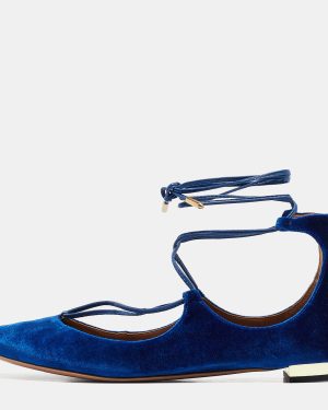 Aquazzura Blue Velvet Christy Ankle Tie Ballet Flats Size 38.5