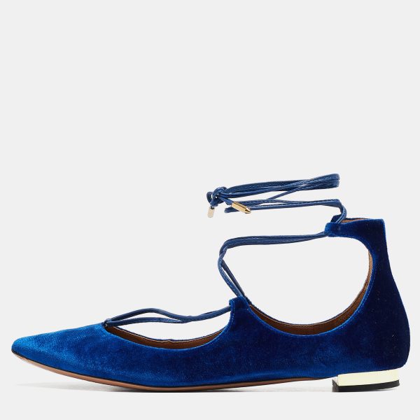 Aquazzura Blue Velvet Christy Ankle Tie Ballet Flats Size 38.5