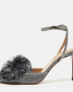 Aquazzura Silver Metallic Lurex Fabric Powder Puff Ankle Strap Sandals Size 38