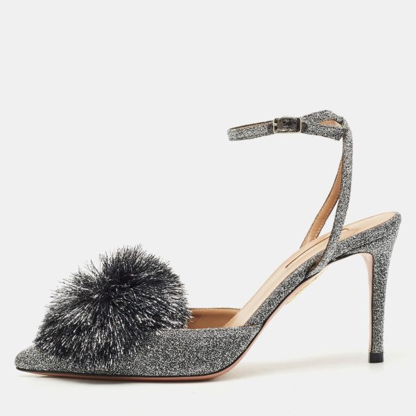 Aquazzura Silver Metallic Lurex Fabric Powder Puff Ankle Strap Sandals Size 38