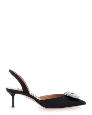 Aquazzura crystal Hoop Black Slingback Pumps With Rhinestoned Embellishment And Kitten Heel In Tech Fabric Woman