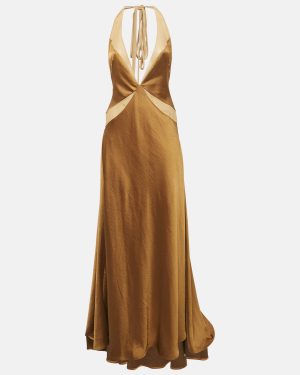 Arcina Ori Brown Satin Devora Halter Neck Maxi Dress S