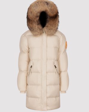 Arctic Army Women's Mid-Length Fur Puffer Jacket Beige / Large | 100% Nylon Ciré