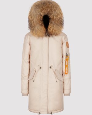 Arctic Army Women's Parka Coat With Saga Fur Hood Trim In Beige - Medium | High Volume RDS Down Filled | 100% Nylon Twill