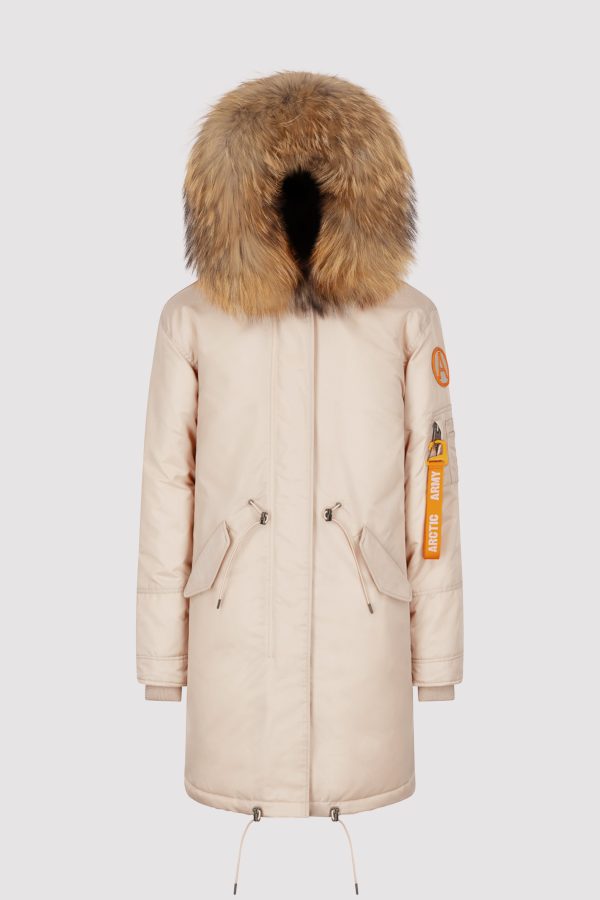 Arctic Army Women's Parka Coat With Saga Fur Hood Trim In Beige - Medium | High Volume RDS Down Filled | 100% Nylon Twill