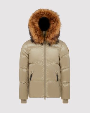 Arctic Army Women's Puffer Jacket In Beige - Size 14 | Removable Faux Fur Trim | Luxury 90/10 Down Filling