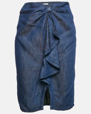 Armani Collezioni Blue Denim Ruffled Midi Skirt S