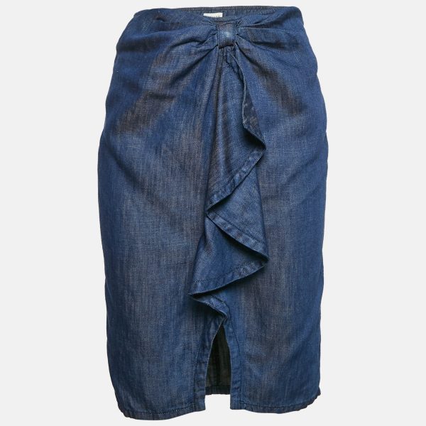 Armani Collezioni Blue Denim Ruffled Midi Skirt S