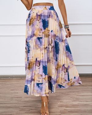 Artistic Print Pleated Maxi Skirt For Women 2025